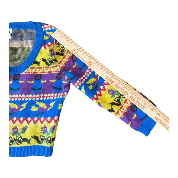 Vintage Betsey Johnson Punk Label Crop Cardigan Alley Cat Fair Aisle Print L Mod - Picture 14 of 16